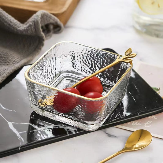 Breakfast bowl, hammered gold edged glass bowl, household bowl, fruit salad, oatmeal ice cream, square dessert bowl