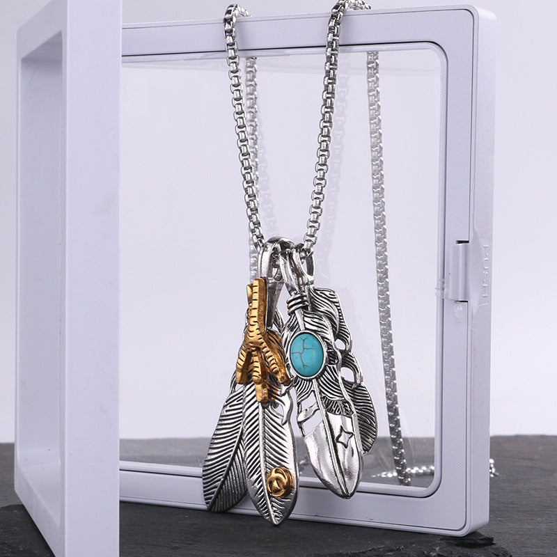 Japanese and Korean version of Takahashi feather pendant men's fashion brand necklace retro leaf long sweater chain women's pendant accessories