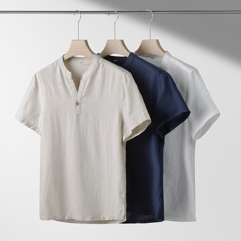 202 men's linen cotton short sleeve pullover stand collar shirt casual linen scoop neck top