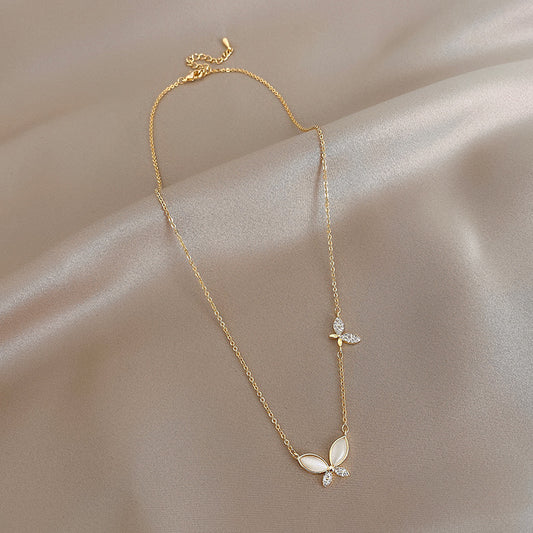 Diamond-encrusted opal butterfly necklace women's 2024 new light luxury niche simple clavicle chain temperament cold style accessories