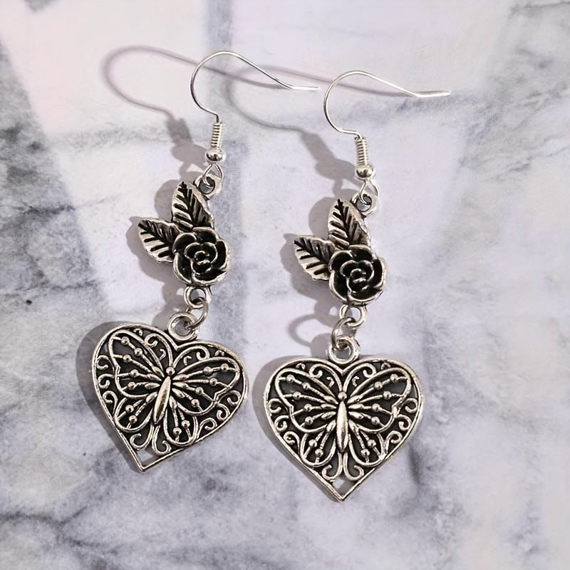 European and American cross-border jewelry: fashionable simple hollow butterfly peach heart earrings, vintage rose heart pendant earrings