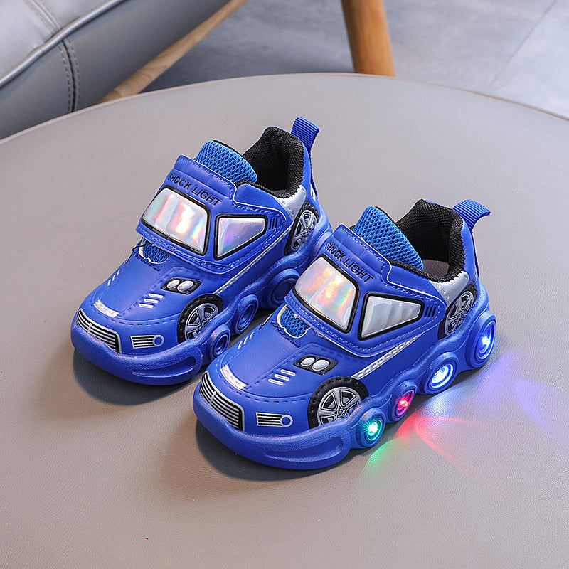 Children's Cartoon Glow Sneakers 2024 Fall Boys Car Running Shoes Baby Casual Versatile Walking Shoes Tide