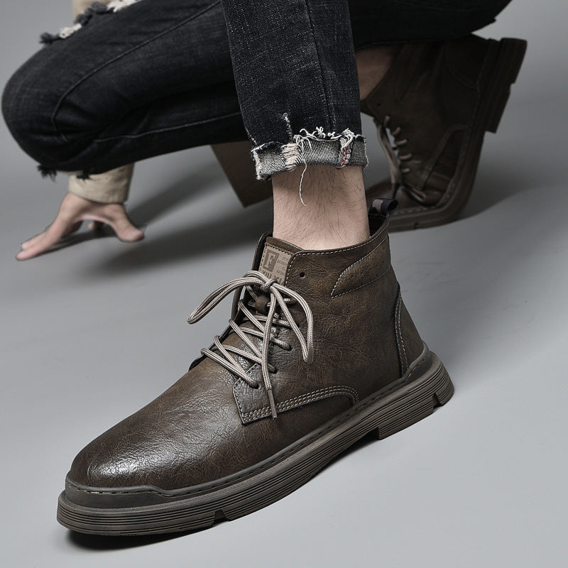 High Top Men's Leather Boots Winter Men's Car Stitching Warm Spot Martin Boots Brown Round Toe Pile Shoes Casual Men's Shoes