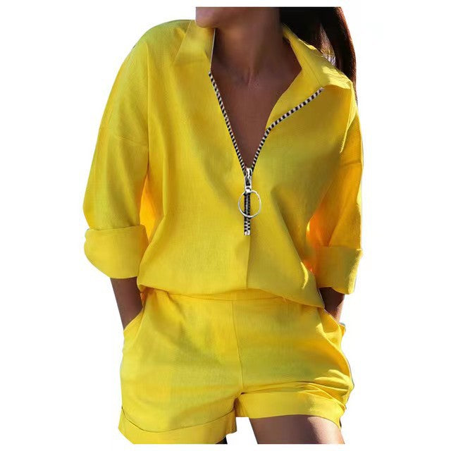 2023 European and American Amazon cross-border e-commerce independent station new women's printed zipper shirt shorts set
