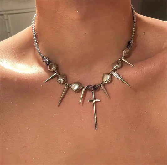 Light luxury punk niche rivet cross splicing men's collarbone chain personality ins exaggerated accessories titanium steel necklace