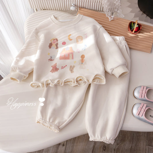 Girls' set 2025 new spring style lace cartoon sweatshirt fashionable trousers baby girl Korean version two-piece set