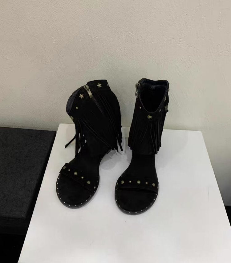[Armano] design tassel rivet roman sandals women's 2025 new boots women's summer high-top sandals