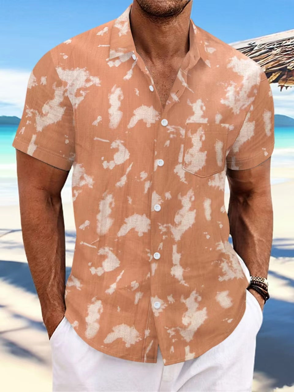 Cross Border Summer 2024 New Tie-Dye Lapel Short Sleeve Men's Beach Casual Athletic Shirt