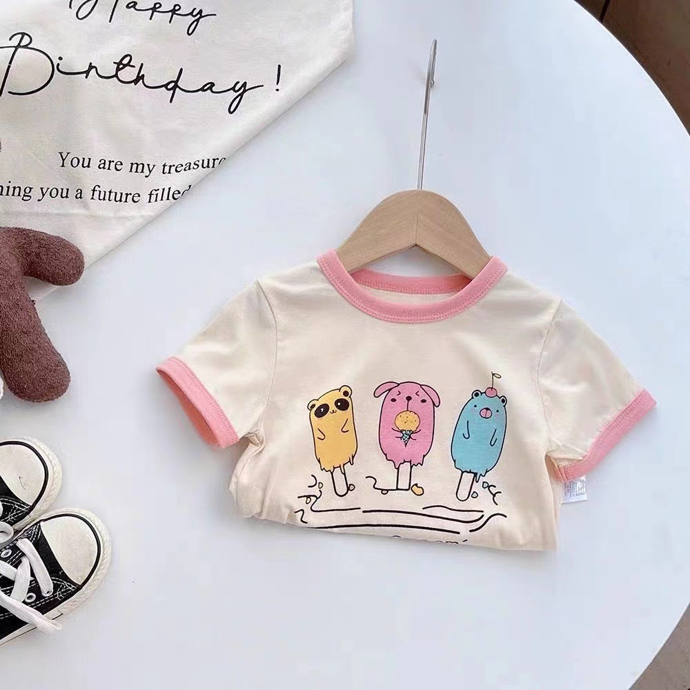 100% cotton girls short sleeve t-shirt cartoon print kids baby small kids loose and versatile top summer dress