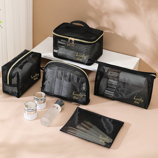 New cross-border mesh cosmetic bag black simple mesh breathable toiletry bag travel portable large-capacity storage bag