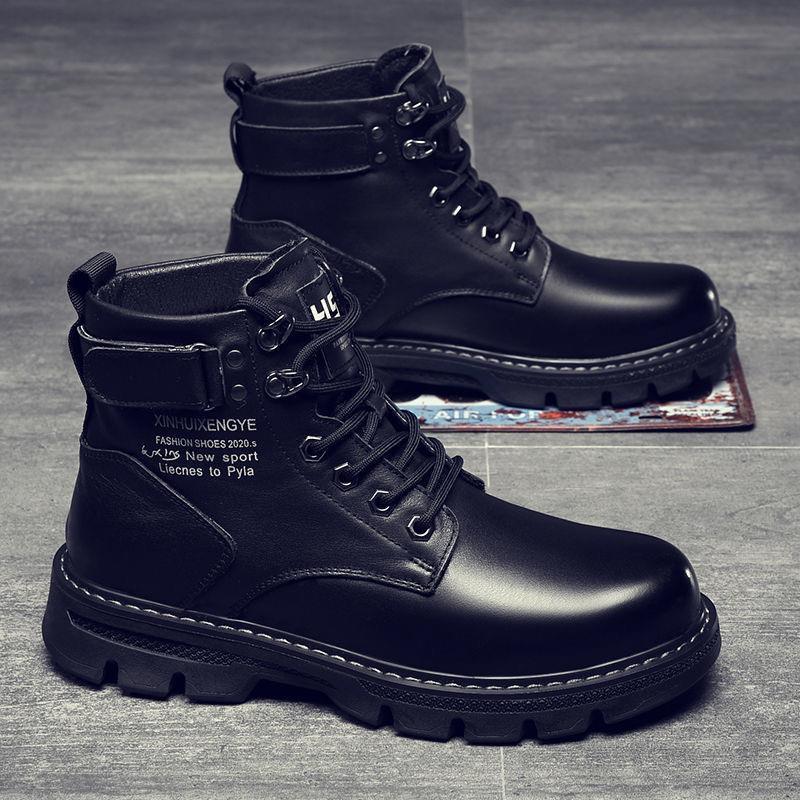 2022 New Fall/Winter Fleece Martin Boots Men's Mid-Top British Casual Platform Black Cargo Leather Boots