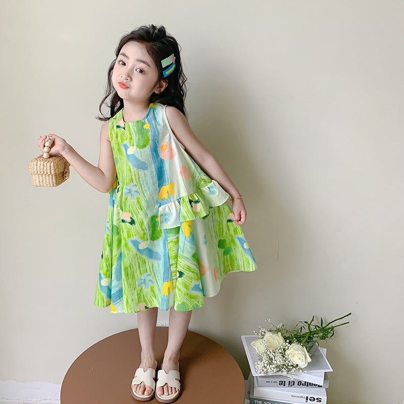 Girls Summer Dress 2025 New Style Foreign Girl Seaside Vacation Dress Summer Children's Colorful Sleeveless Skirt