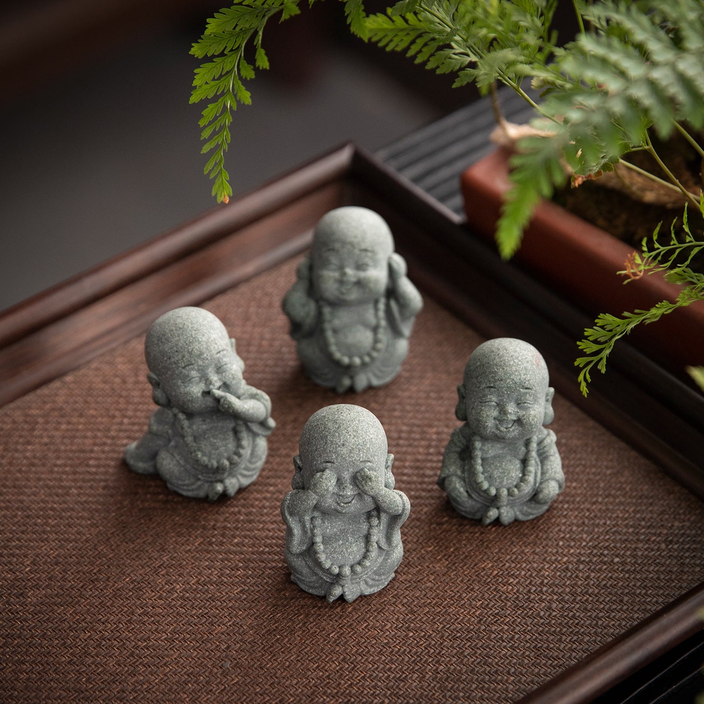 Blue sandstone, big belly, Maitreya Buddha, laughing Buddha, four small monks, creative ornaments, tabletop tea tables, handicrafts, landscaping decoration