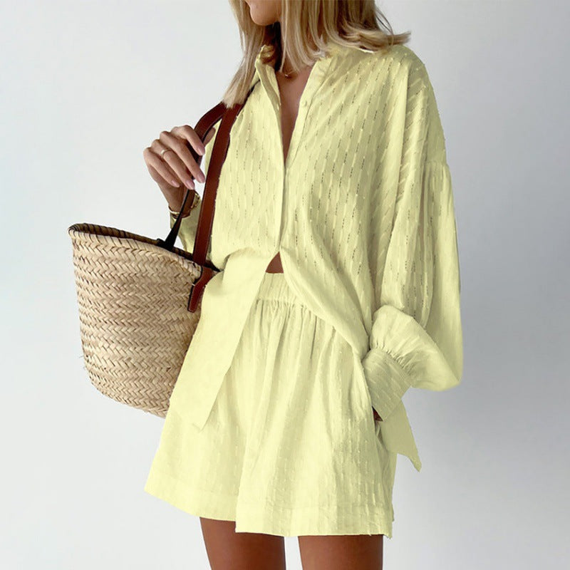 2024 summer women's European and American shirts, jacquard puff sleeves, temperament tops, shorts, commuting design, sense of casual suit