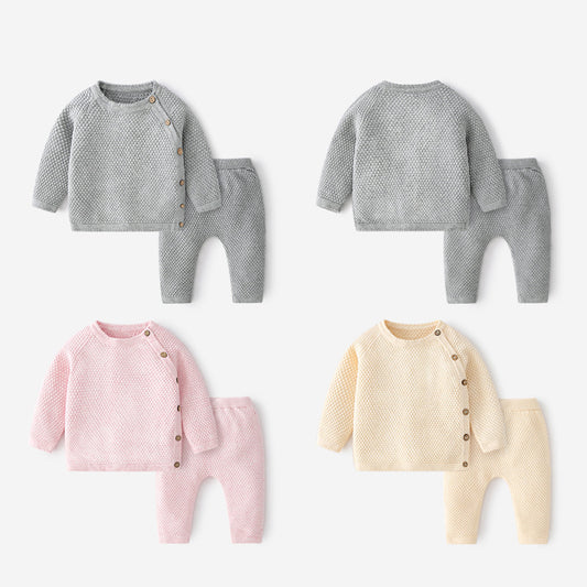 Solid color combed cotton children's pajamas autumn and winter model Class A baby cardigan set Pure cotton warm children's pajama set
