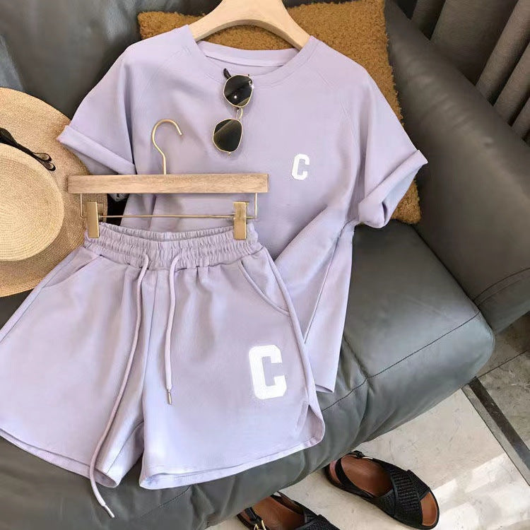 Amazon Korean version women's summer suit loose short sleeve t-shirt casual shorts sports print letter casual two-piece set