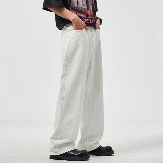 New white soft jeans in summer, men's American high street, retro straight, loose, thin, wide-legged long pants, trendy brand