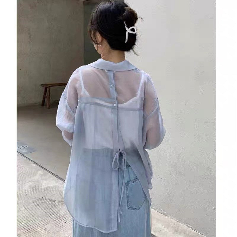 Yuejiaoer chiffon thin back slit shirt women's sunscreen shirt summer dress new versatile Han Fan fashion shirt tide