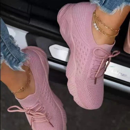 2022 new foreign trade large size women's shoes sports shoes women's lace-up mesh thick-soled casual flying woven shoes breathable low-heeled shoes