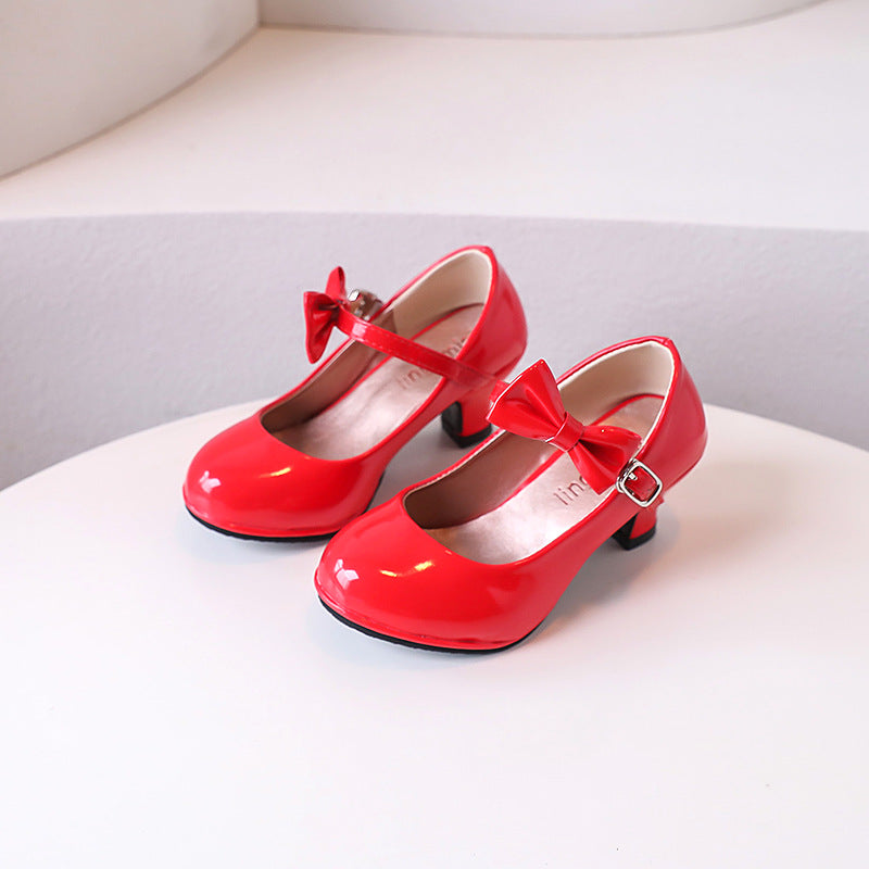 Girls' small leather shoes, children's high heels, spring 2025 new little girls' princess shoes, foreign bows, middle and big children