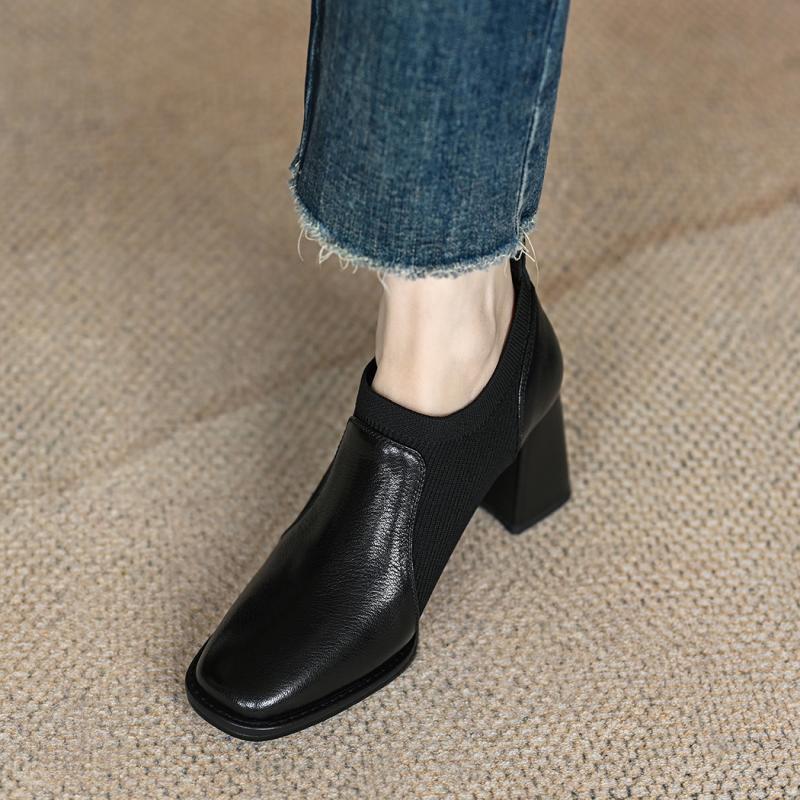 2024 new thick-heeled high heels women's spring and autumn nude boots, brown knitted deep shoes, British-style leather shoes
