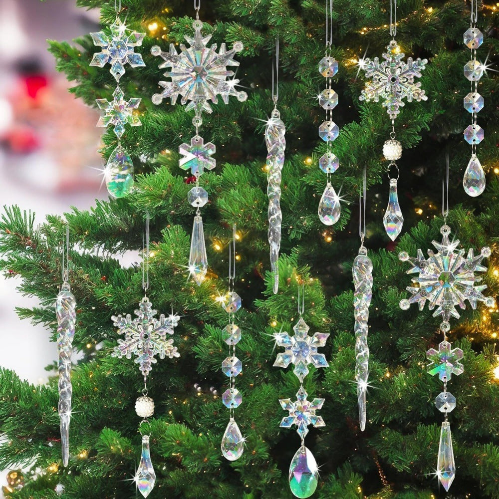 Cross border 18 pieces Christmas tree decorations, acrylic crystal Christmas ornaments, snowflakes and icicles Christmas tree pendants