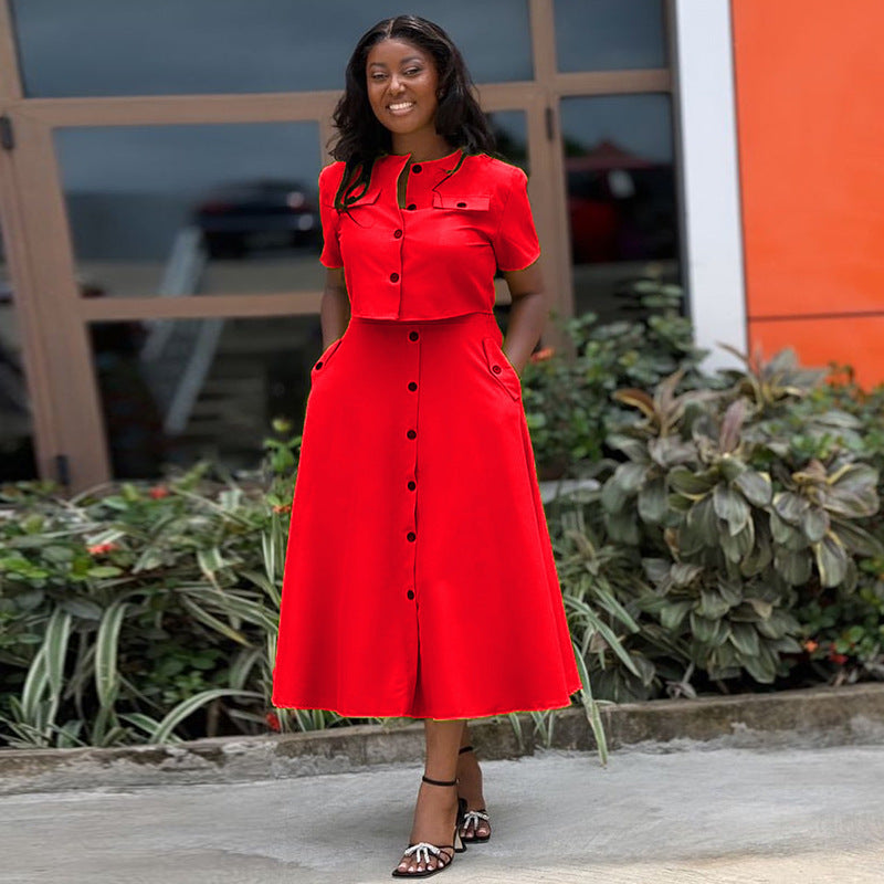 European and American cross-border women's clothing 2024 summer new temperament round neck short sleeve top high waist breasted skirt set