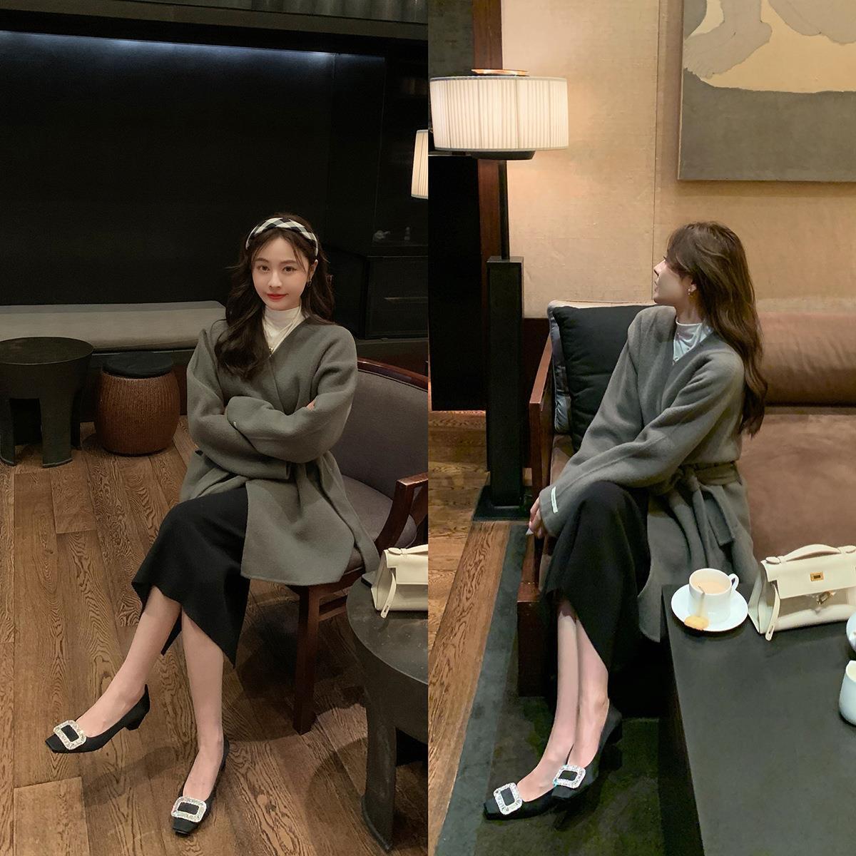 Grape Mom Studiolee evening evening style temperament rhinestone square buckle square toe shallow heel silk commuter single shoes women