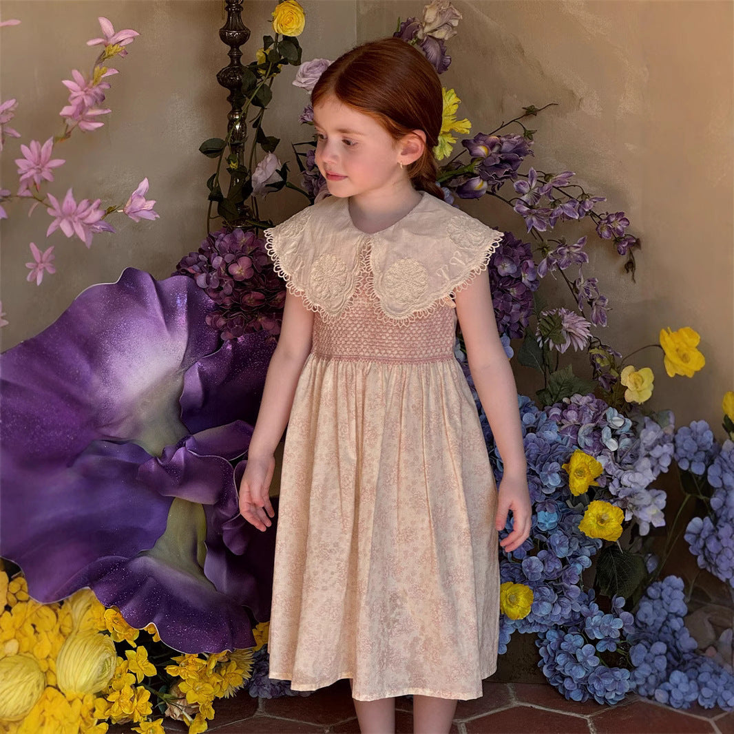 Orange Le 25 Summer Girls Lapel Sleeveless Floral Dress Girls Pick Up Heavy Industry Vintage Skirt