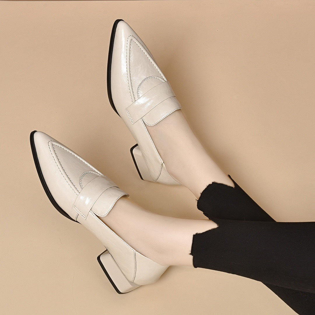 2024 New Leather Block Heel Shoes Women's Slip-On Shoes Mid-Heel British-style Soft-Sole Pointed Toe Loafers