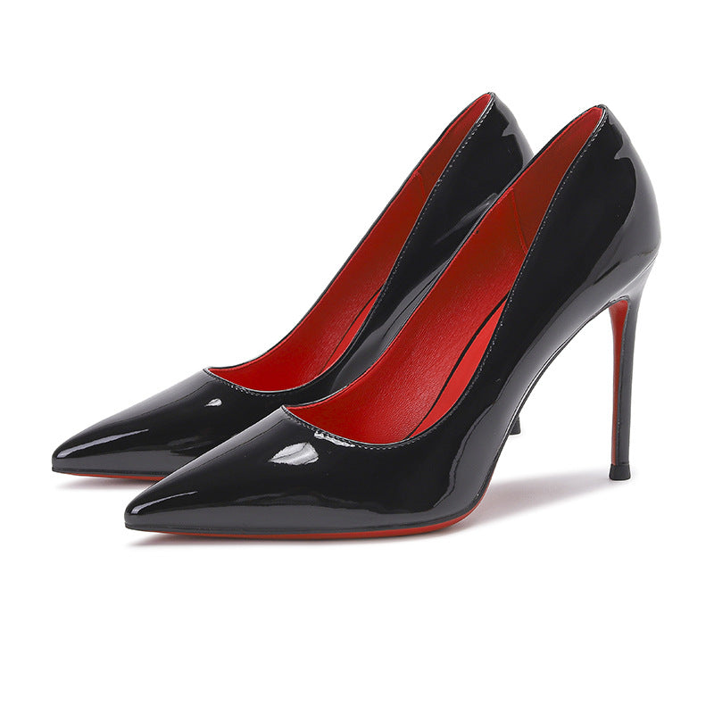 Red bottom high heels women's stiletto sexy black bed pointed toe high-heeled patent leather size French single shoes women