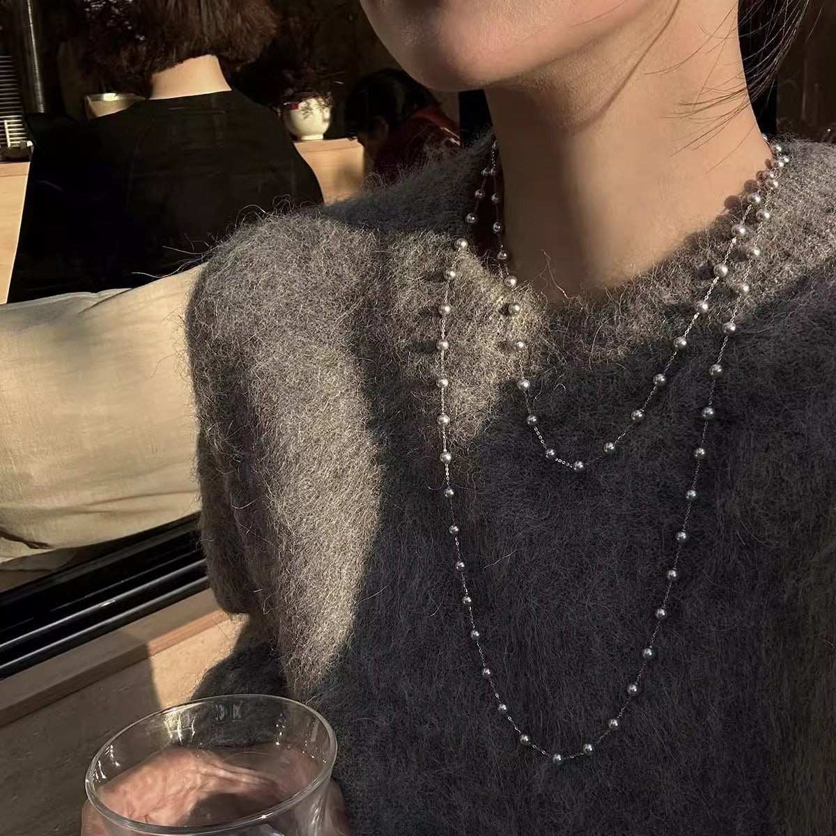 New faux pearl double-layered necklace cross-border exquisite fashion clavicle chain French temperament light luxury sweater chain