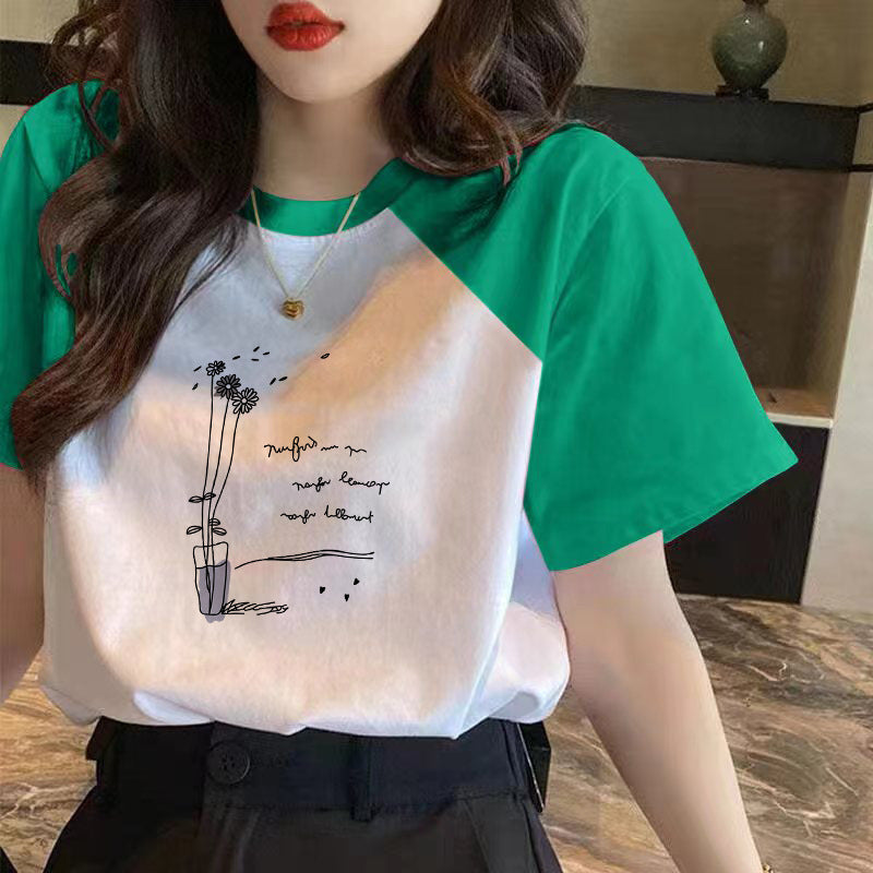 100 cotton contrasting short sleeve t-shirt women's 2024 new spring and summer loose body shirt versatile top ins tide girl