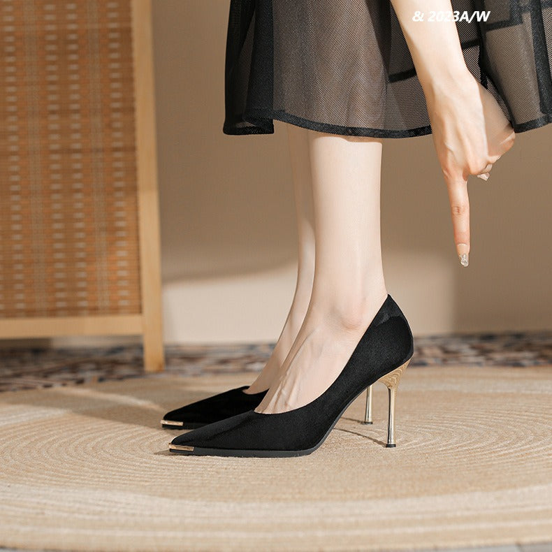 Naipai French Single Shoes Black Pointed Toe Heels Women's Stiletto Heels New Spring 2024 Professional Metal Decorations