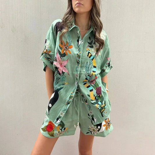 Cross-border 2024 summer European and American foreign trade women's clothing AliExpress shirts and shorts loose print suit casual two-piece set