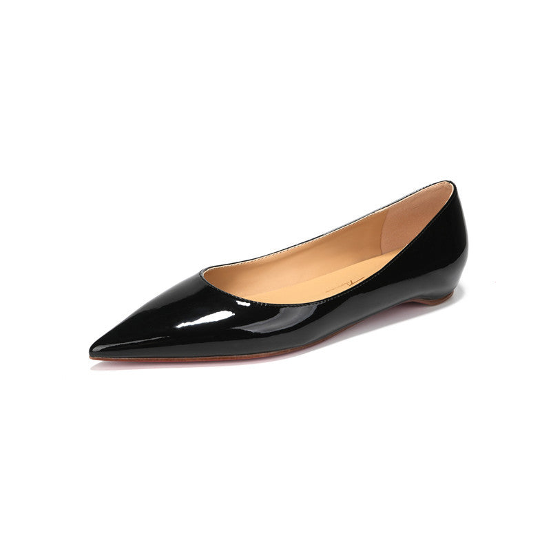 Women's pointed toe inner height: 3CM heel flat shoes, patent leather solid color, versatile casual pumps