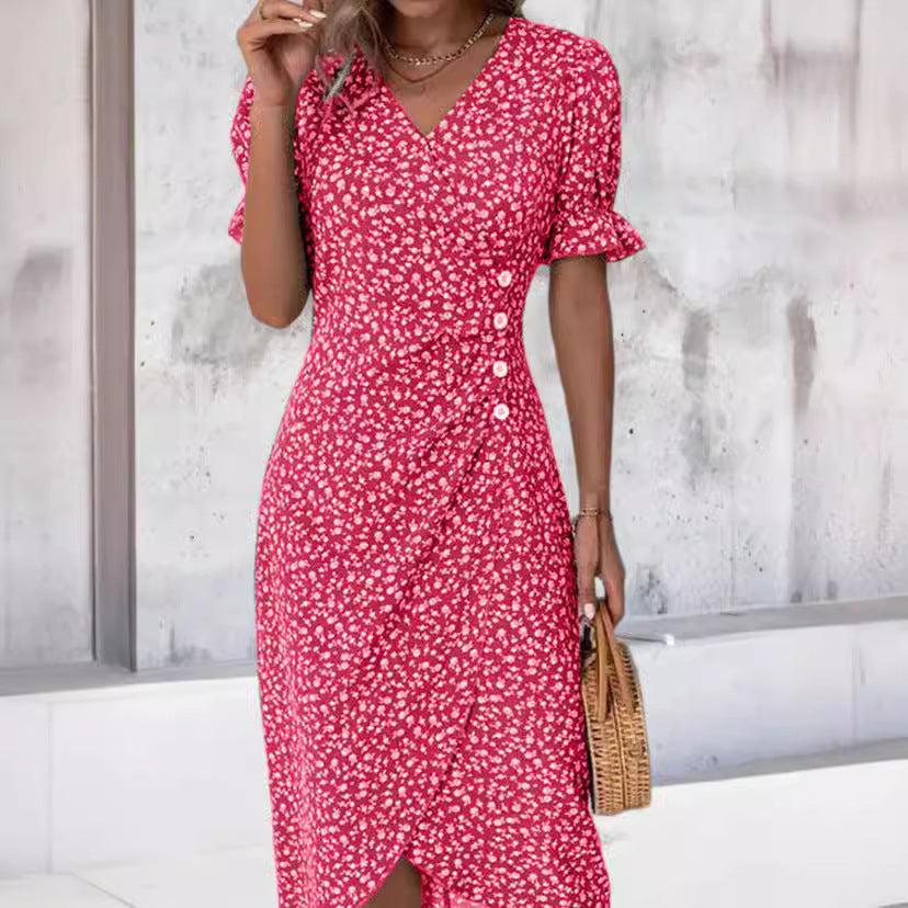 European and American independent station summer hot sale slim women's geometric collage puff sleeves irregular hem dress