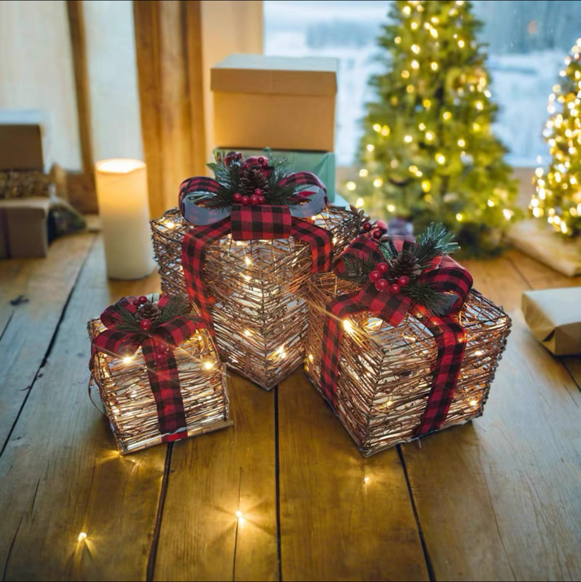 2023 New Cross-border Supply Luminous Three-Piece Christmas Decoration Box Christmas Wrought Iron Ornaments Flocking Gift Box