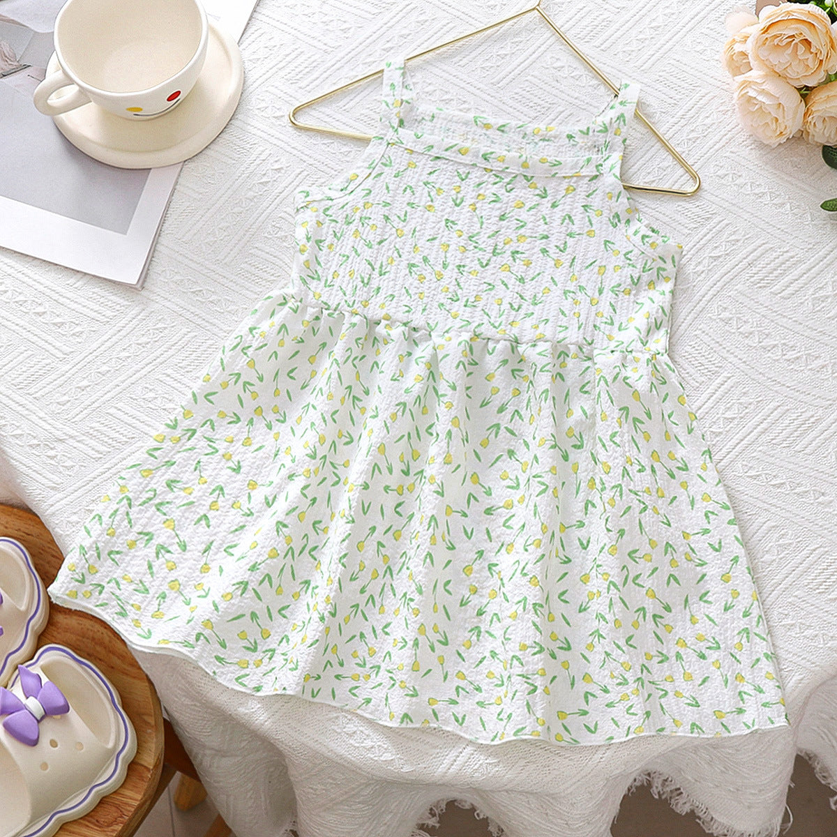 Girls' summer clothes 2024 new foreign style children's floral dresses, baby girls, sleeveless vest skirts, thin skirts