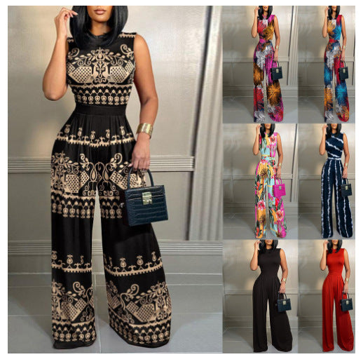 2025 new summer European and American cross-border hot sale casual straight simple jumpsuit slim print sleeveless trousers women's clothing