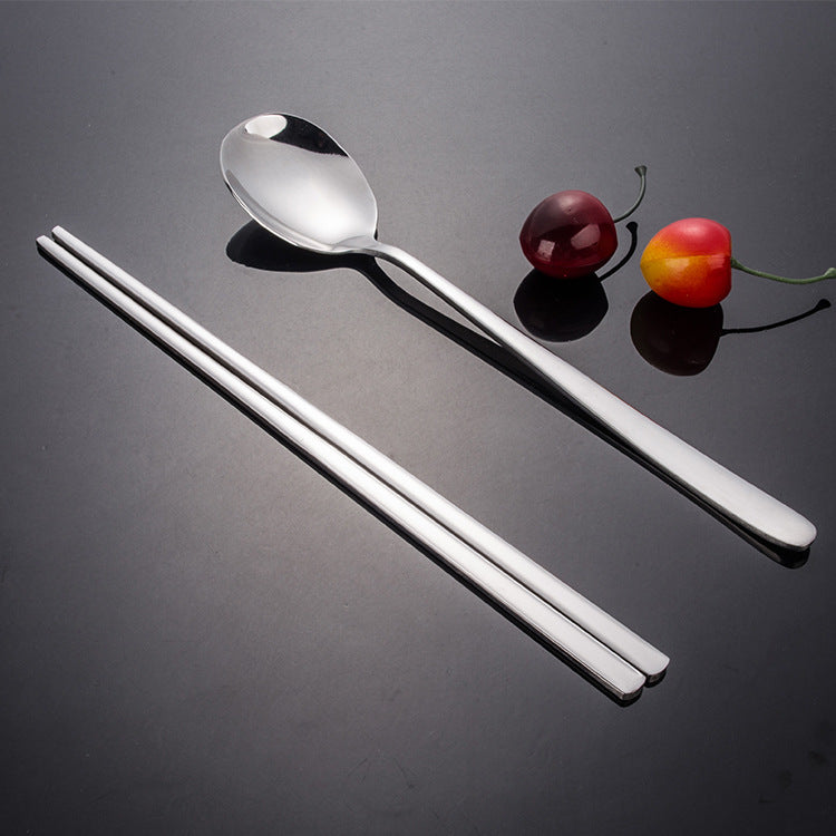Korean Stainless Steel Spoon Chopsticks Set Thickened Barbecue Restaurant Tableware Flat Chopsticks Silver Elegant High-end Tableware