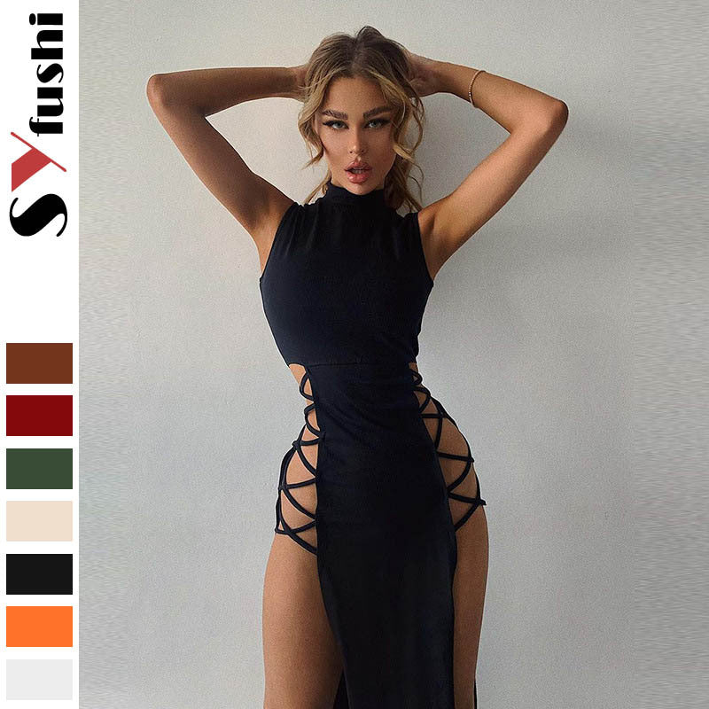American amazon summer women's half turtleneck vest slim sleeveless European and American style slit sexy babes dress