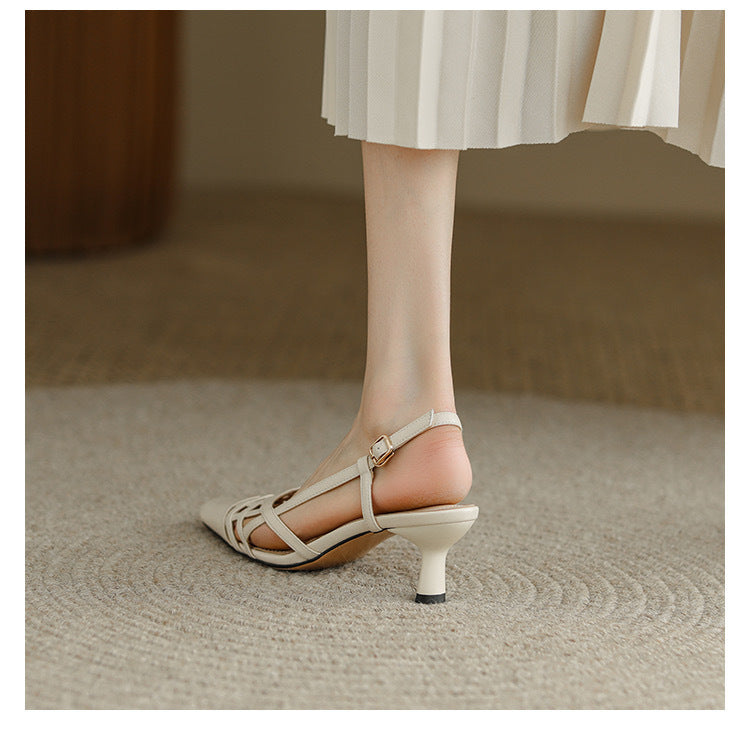 Giant thin ~ soft leather French baotou hollow sandals women's 2025 summer apricot color versatile woven hollow stiletto heels