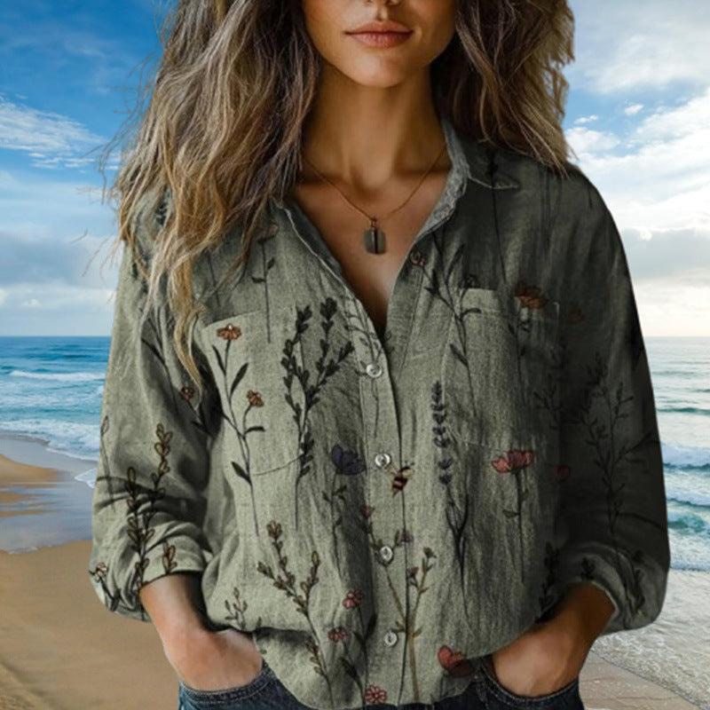 2025 Cross-border Women's Clothing TikTok Independent Station Autumn and Winter Casual Retro Women's Botanical Pattern Plus Size Shirt in Stock