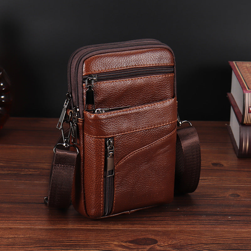 New top layer cowhide men's crossbody bag outdoor shoulder bag mobile phone bag casual mini leather wearing belt bag