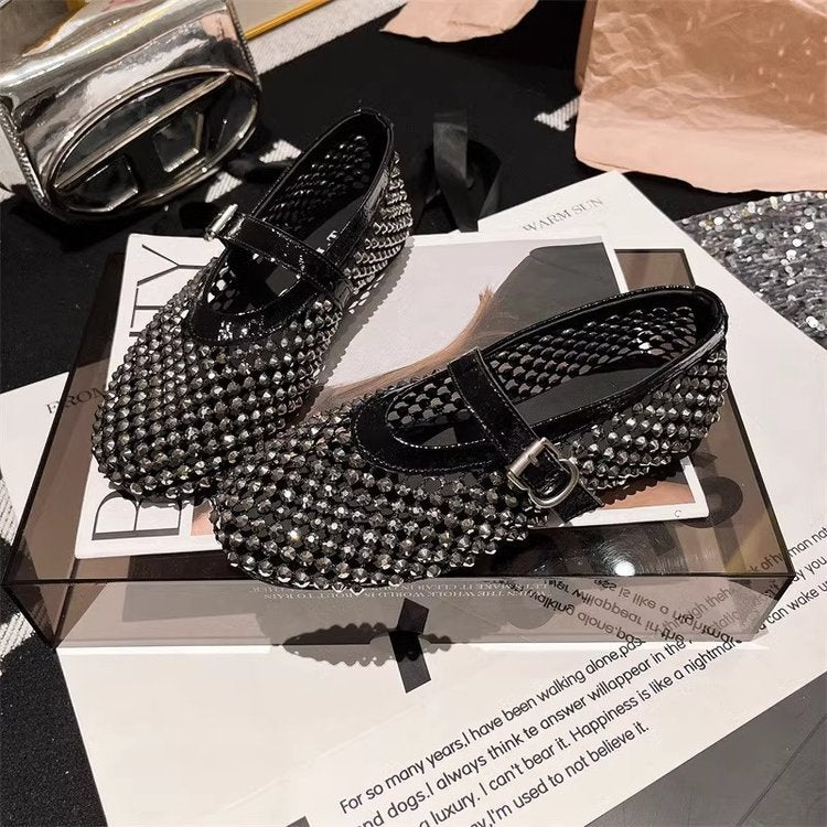 European station rhinestone line Mary Jane cut-out mesh ballet shoes fishnet shoes single shoes loafers boat shoes women's shoes