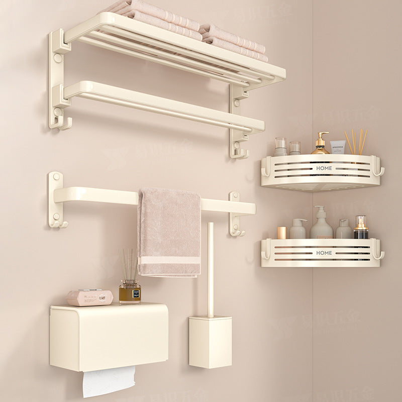 The manufacturer supplies cream wind bath towel holder, milky white towel rail, foldable toilet, non-perforated bathroom shelf
