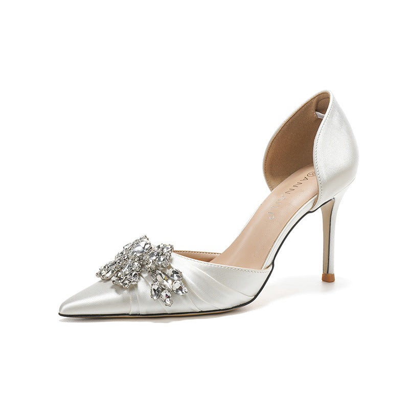 French high heels women's 2025 new rhinestone white wedding bridal shoes temperament celebrity hollow dress single shoes