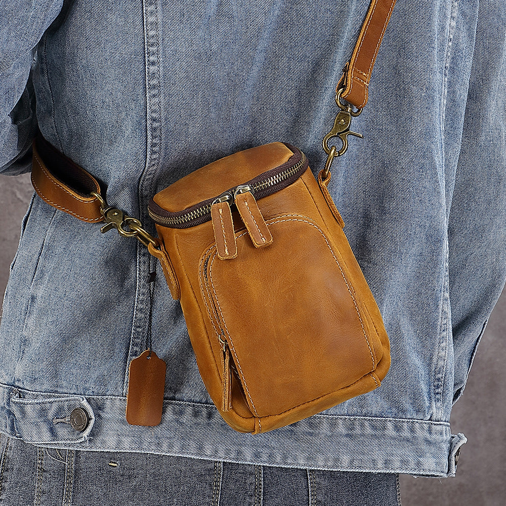 Vintage leather crossbody bag, mini men's backpack, top layer cowhide mobile phone bag, belt waist bag, casual small bag