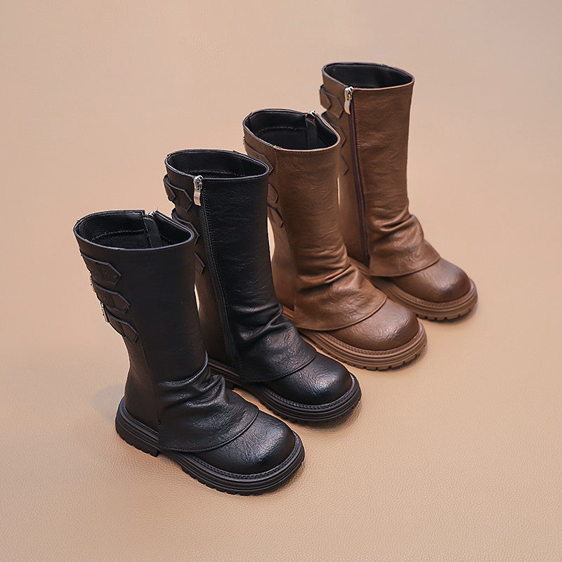 Girls' stacked shoes 2025 autumn and winter new Maillard children's Martin boots for little girls with leg and two cotton high boots
